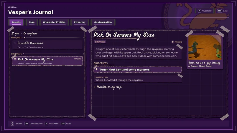 A quest page in Vesper’s journal, tracking the side quest Pick On Someone My Size