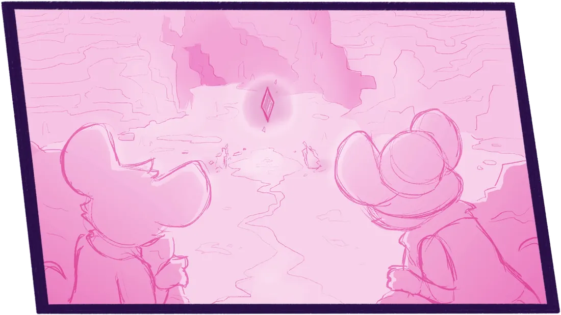 An animatic sketch of Vesper and Kiya facing a glowing shard in a cave