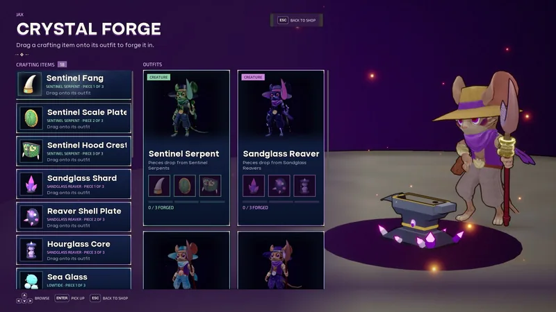 The Crystal Forge screen with enemy pieces and outfits